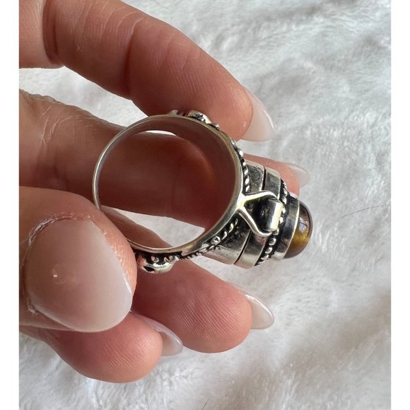 925 Skull + Crossbones Tigers Eye POISON Ring 6 7 8 9 - Picture 9 of 10